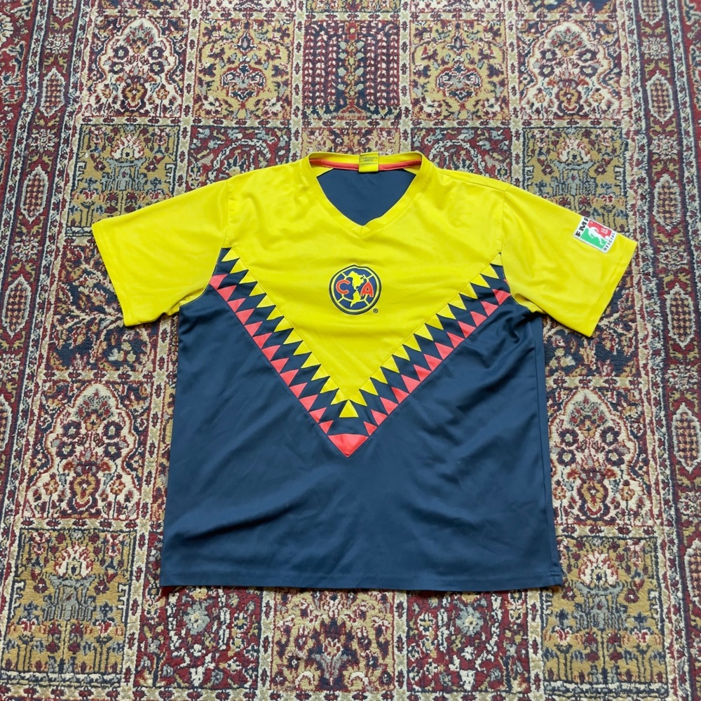 VTG 00s Club America Soccer Jersey Large‎ Yellow Navy Blue V-Neck Liga MX FMF